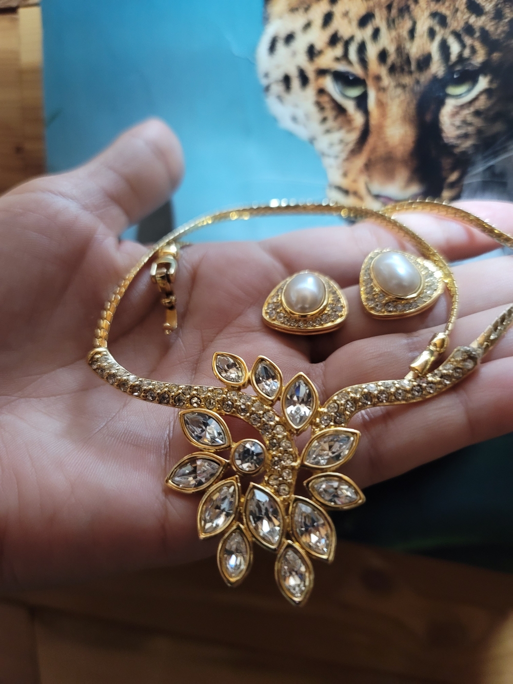Monet Gold-Tone Crystal Floral Necklace with Pearl Teardrop Earrings